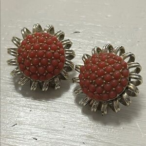 Vintage Bergère Faux Coral Cabochon Flower Clip-On Earrings Gold Plated Signed